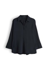 Blusa nera a maniche lunghe con colletto, scollatura a V e texture morbida. Orlo dritto con spacchi laterali, progettata per un fit rilassato.