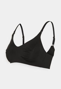Soutien-gorge sans couture noir, sans fil, avec bretelles réglables et léger froncé sur les bonnets, présenté sur un fond clair uni.