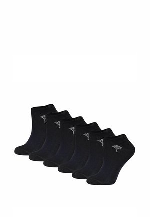 Zwarte enkelsokken, verpakking van zes, gemaakt van zachte stof, met een geribde boord en een klein logo op de zijkant.