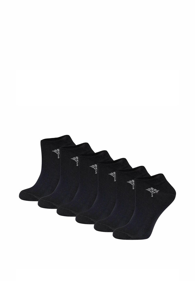 Sorte ankelstrømper, pakke med seks, lavet af blødt stof, med ribbet kant og lille logo detalje på siden.