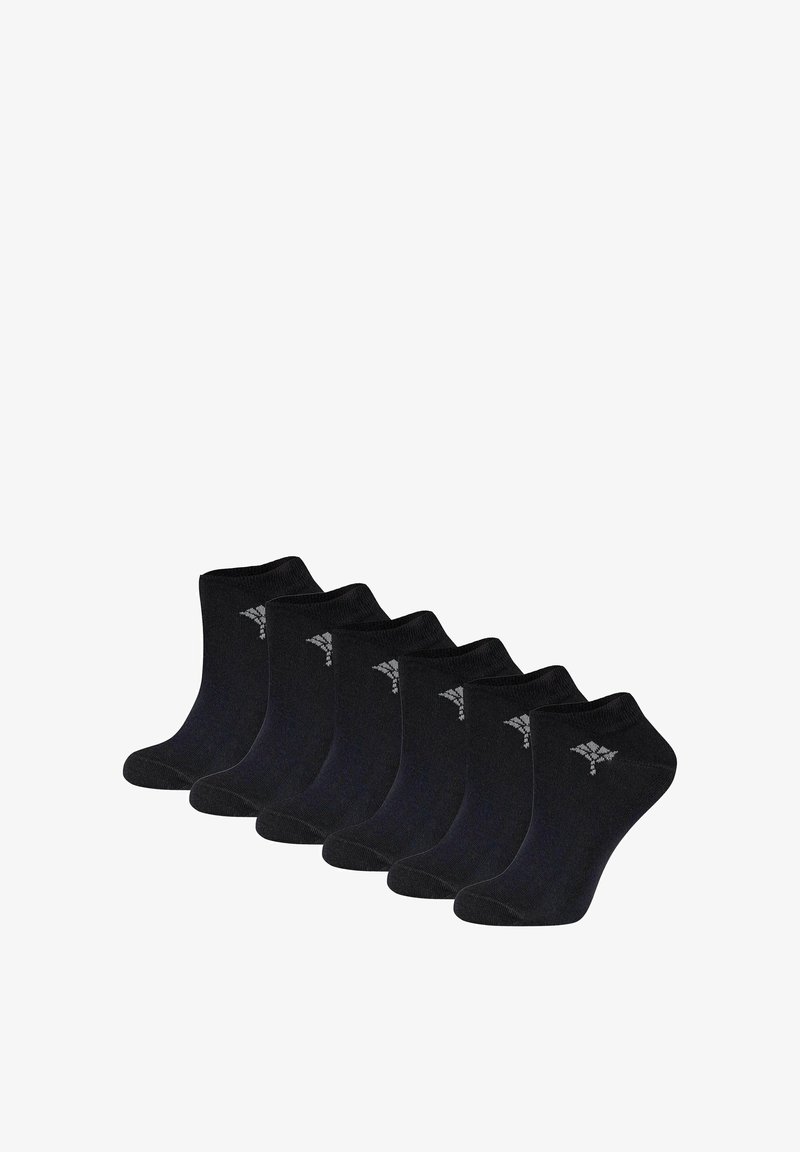 Calcetines negros hasta el tobillo, paquete de seis, hechos de tela suave, con un puño acanalado y un pequeño detalle de logo en el lateral.
