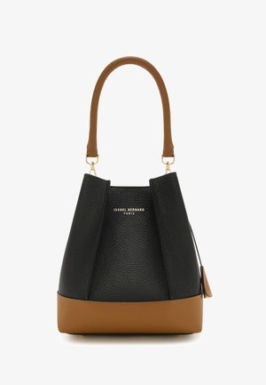 Schwarze strukturierte Lederhandtasche mit einem hellbraunen Boden, die eine strukturierte Form aufweist, goldfarbene Beschläge und einen kurzen Tragegriff hat. Logo auf der Vorderseite sichtbar.