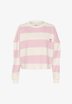 Sweatshirt rayé rose et blanc avec un col rond, des manches longues et un détail de nœud rouge brodé sur la poitrine gauche.