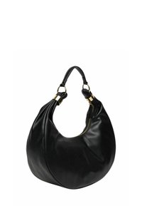 Borsa hobo in pelle nera con silhouette curva, dettagli in metallo dorato e chiusura con cerniera. Il manico presenta un design arricciato per aggiungere texture.