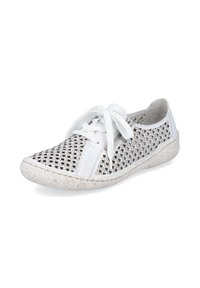 White sneakers with a mesh pattern featuring a black grid design, white laces, and a textured speckled sole.