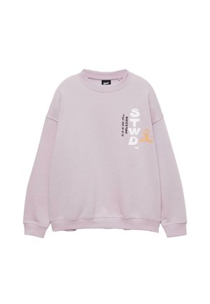 Felpa rosa con colletto tondo, maniche lunghe e polsini a costine. Presenta grafiche testuali in bianco e arancio sul davanti.