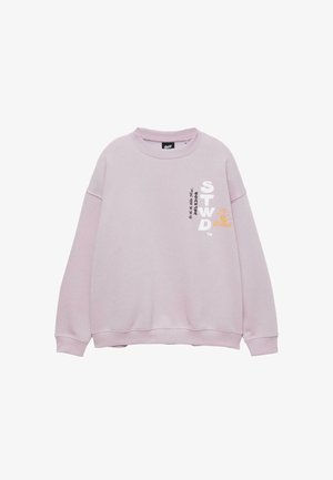 Felpa rosa con colletto tondo, maniche lunghe e polsini a costine. Presenta grafiche testuali in bianco e arancio sul davanti.