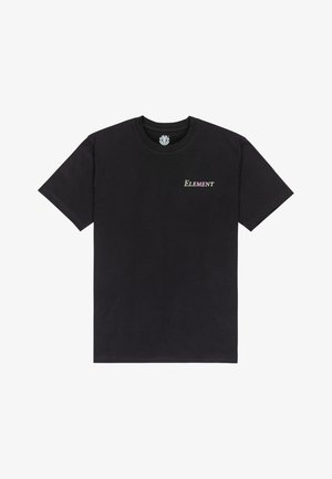Black cotton t-shirt featuring short sleeves and a round neckline. Embroidered "ELEMENT" logo in multicolor on the chest.