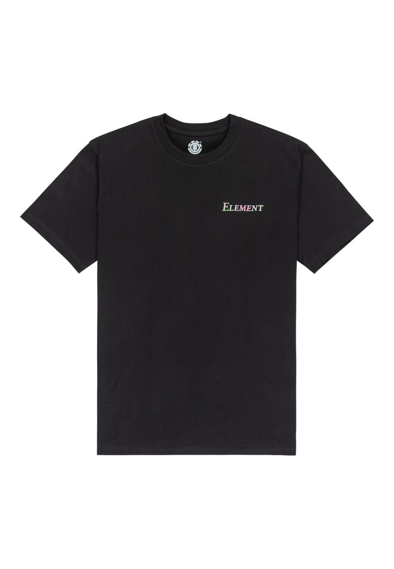 Camiseta de algodón negra con mangas cortas y escote redondo. Logo "ELEMENT" bordado en multicolor en el pecho.