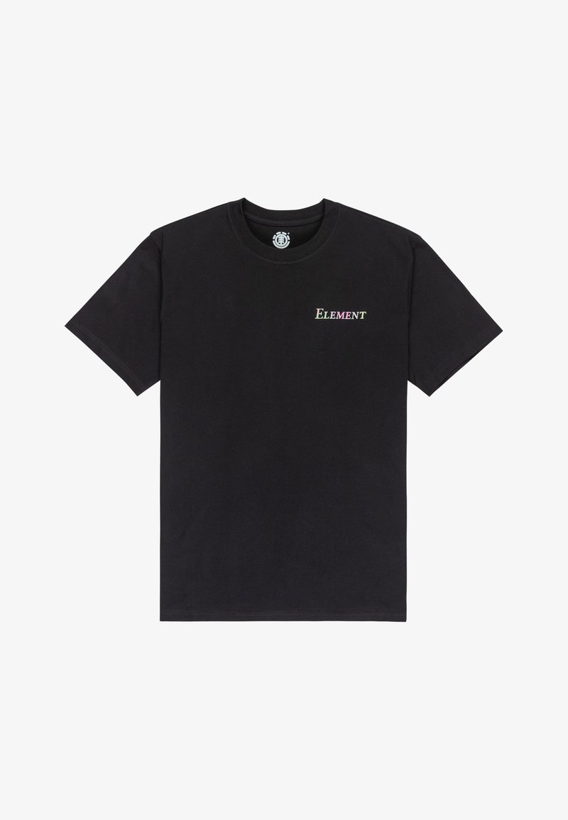 Camiseta de algodón negra con mangas cortas y escote redondo. Logo "ELEMENT" bordado en multicolor en el pecho.