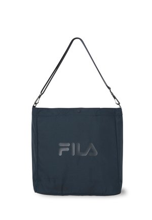 Bolso de hombro rectangular azul oscuro con correa ajustable y logo de FILA en relieve en el centro delantero.