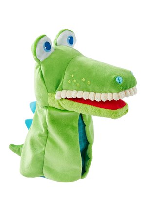 Grüne Plüsch-Krokodil-Handpuppe mit großen blauen Augen, weißen Zähnen, rotem Mundinnenraum und blauen Stacheln am Rücken.