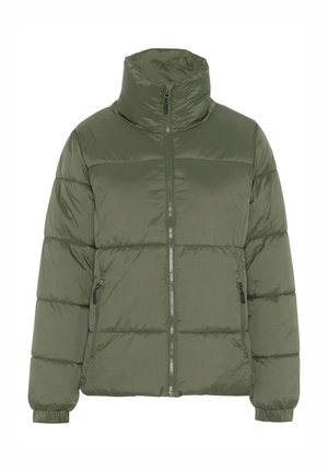 Green puffer jacket with a high collar, full-length zipper, elastic cuffs, and two side zip pockets. Smooth, shiny texture.