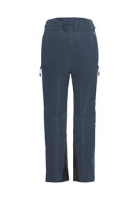 Marineblaue Outdoor-Hosen mit geradem Schnitt, Reißverschlüssen an den Seitentaschen, schwarzen Akzenten am Unterschenkel und glattem, leichtem Stoff.