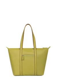 Geelgroene tote bag met twee handvatten bovenaan, een ritszak aan de voorkant en contrasterende bruine stiksel langs de randen.