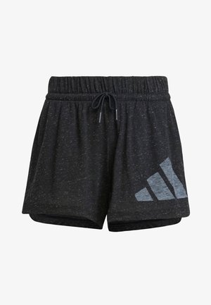 Pantalones cortos deportivos negros con una tela texturizada, cinturilla elástica, cordón y un logo de tres rayas gris en la parte inferior izquierda.