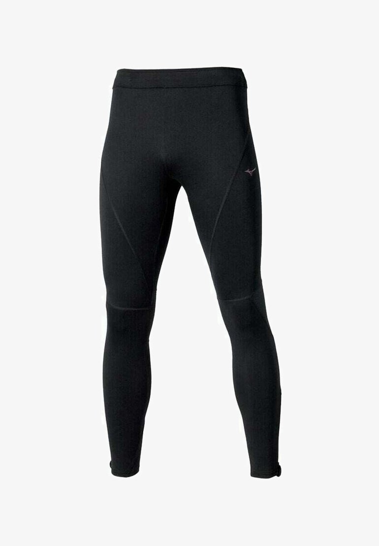 Leggings atletici neri con una texture liscia, caratterizzati da una vestibilità aderente e un discreto logo rosa sul lato. Progettati per comfort e flessibilità.