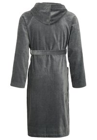 Gray, hooded bathrobe made of soft, textured fabric. Features a belted waist and long sleeves. Back view shows full length and seamless design.