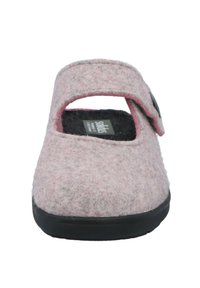Pink felt Mary Jane slipper with a rounded toe, adjustable strap, and a black rubber sole. Features a soft inner lining.