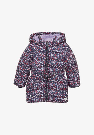 Piumino per bambini blu navy con motivo floreale rosso, bianco e rosa, cappuccio foderato in pile viola, cerniera frontale e cintura con bottoni a pressione.