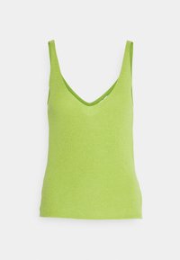 Grön, ribbad stickad linne med djup V-ringning och tunna axelband. Tyget har en slät textur och en åtsittande silhuett.