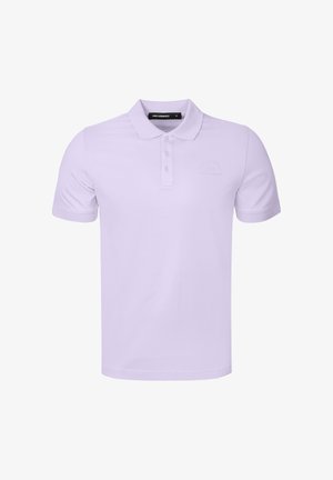 Lichtpaarse polo met korte mouwen, drie knopen en een klein reliëflogo op de linker bovenborst.