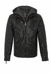 Schwarze Lederjacke mit Kapuze, gesteppte Akzente an den Schultern, Reißverschlusstaschen und einer glatten, glänzenden Oberfläche. Verfügt über ein graues Innenfutter.