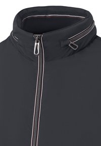 Black jacket with a high collar, featuring a front zipper and silver hardware. The interior has contrasting striped fabric detail.