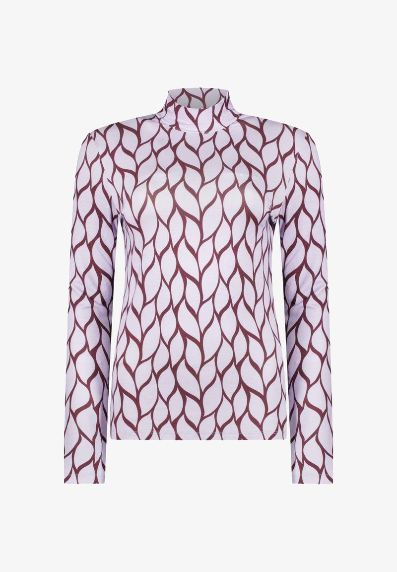 Langemouw shirt met een hoge nek, gemaakt van witte stof versierd met een kastanjebruin bladerenpatroon, met een gladde textuur en een getailleerd ontwerp.