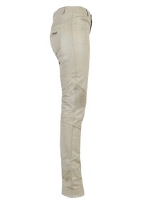 Beige, eng anliegende Motorradhosen aus Leder mit strukturierten Knieakzenten und seitlichen Reißverschlusstaschen. Verfügt über verstärkte Nähte.