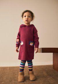 Gestricktes kastanienbraunes Kleid mit Kapuze, ausgestattet mit zwei Taschen mit bunten Tierapplikationen. Kombiniert mit mehrfarbigen gestreiften Leggings und braunen Stiefeln.