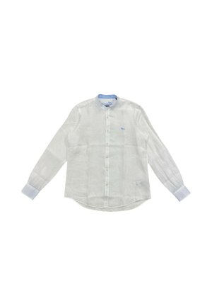 Camicia bianca in lino con maniche lunghe, chiusura con bottoni davanti, colletto blu e piccolo logo blu. Texture liscia con un aspetto leggermente traslucido.