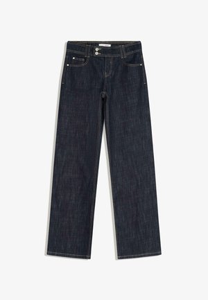 Tamnoplave traperice ravnog kroja s žutim šavovima, dva prednja džepa, petlja za remen i dvostruka gumba na struku.