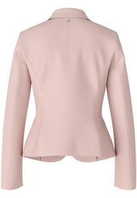 Blazer rose clair cintré avec manches longues, taille ajustée et petit détail de bouton au centre du dos en haut.