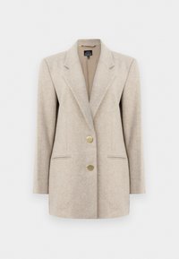 Beige herringbone blazer with a notched lapel, two front pockets, and gold-tone buttons. Made from textured fabric with a tailored fit.