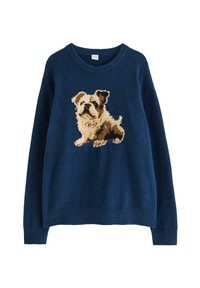 Mørkeblå strikket sweater med et struktureret, farverigt hunde-portræt på fronten. Ribstrikket krave og manchetter. Blødt, varmt stof.