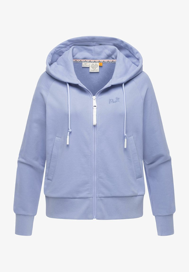 Svetlo modra zip-up kapuca, izdelana iz mehkega materiala. Ima kapuco z vrvico, sprednje žepe ter rebraste manšete in rob. Preprost vezen dizajn.