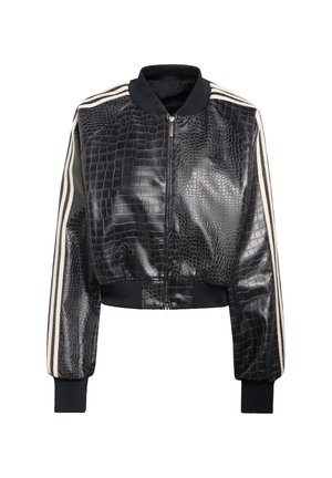 Bomber corta nera con texture effetto coccodrillo, con strisce bianche sulle maniche e colletto e polsini a coste.