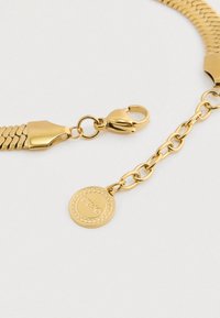 Gullkjede med lås og en liten rund anheng gravert med merkevarenavnet "LIU JO" på hvit bakgrunn.