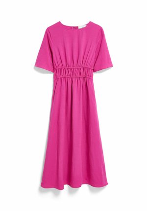 Bright pink midi dress with short sleeves and elasticized waist detail, hung against a white background.