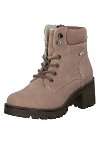 Bottine en cuir rose à semelle en caoutchouc texturée, devant à lacets, lacets gris et accents métalliques décoratifs. Dotée d'une doublure intérieure chaude.