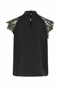 Haut noir sans manches avec des manches courtes en dentelle et une encolure en forme de goutte d'eau à l'arrière.