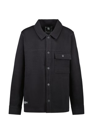 Zwarte jas van gestructureerde stof met een klassieke kraag, een sluiting met knopen aan de voorkant, een borstzak en minimale branding aan de zoom.