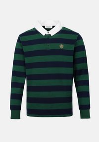 Μακρυμάνικο ράγκμπι πουκάμισο με πράσινες και ναυτικές οριζόντιες ρίγες, λευκό γιακά, κουμπότρυπα και μικρό χρυσό έμβλημα στο αριστερό στήθος.