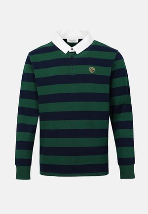 Langermet rugby-skjorte med grønne og marineblå horisontale striper, hvit krage, knappelukking og lite gullfarget emblem på venstre bryst.