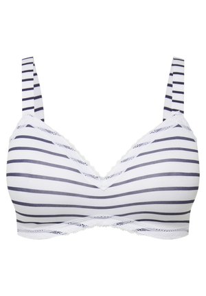 Soutien-gorge rayé blanc et marine avec une dentelle le long du décolleté et du bas. Bretelles ajustables et tissu doux pour le confort.