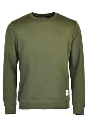 Oliven grøn sweatshirt lavet af en bomuldsblanding, med lange ærmer, rund hals, ribbede manchetter og et lille logo-patch i kanten.
