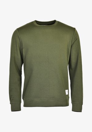 Oliven grøn sweatshirt lavet af en bomuldsblanding, med lange ærmer, rund hals, ribbede manchetter og et lille logo-patch i kanten.