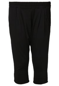Pantaloni capri neri realizzati in un tessuto morbido con vita elasticizzata, dotati di due tasche laterali e vestibilità rilassata.