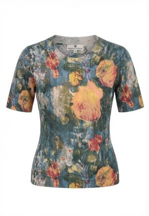 Korte mouw, aansluitend gebreid topje met multicolor bloemmotief op een blauwgroene achtergrond, ronde halslijn, maat small, label zichtbaar aan de binnenkant van de kraag.